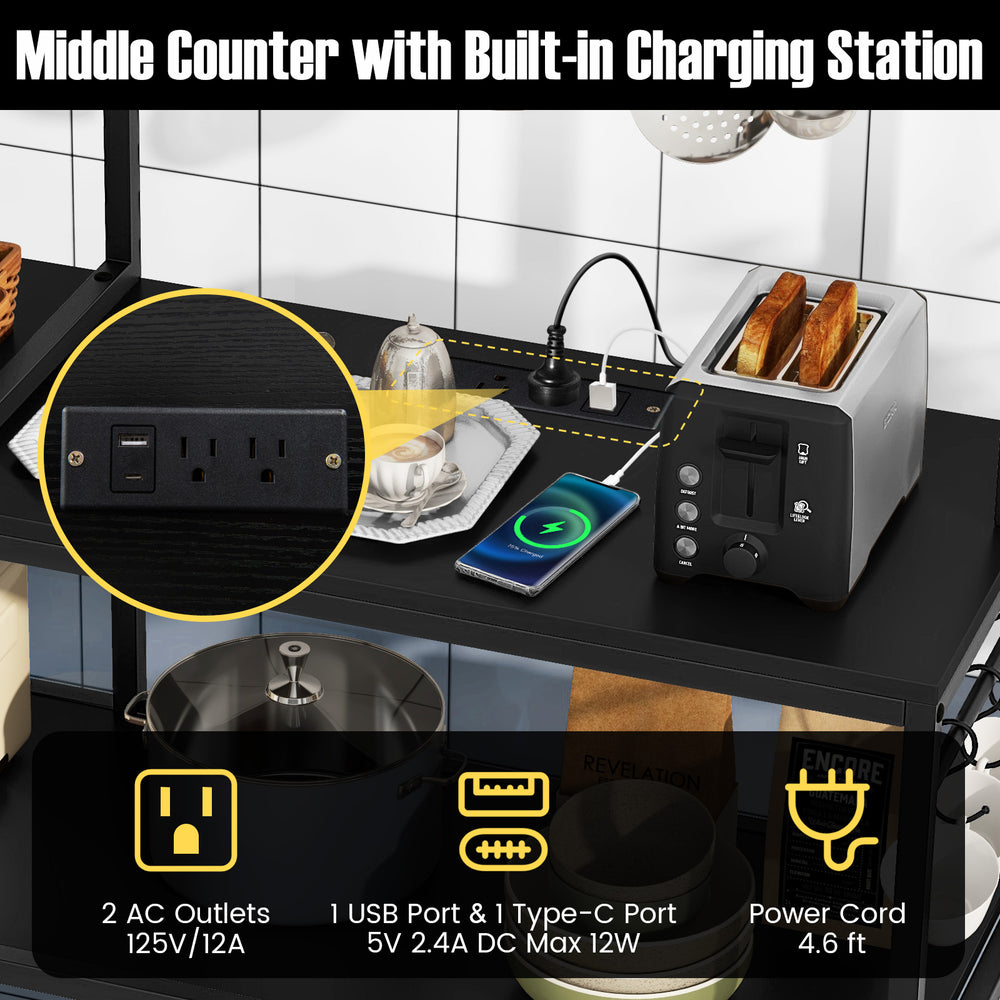 Spacious middle counter of the 5-tier bakers rack with built-in charging station, featuring 2 AC outlets and USB ports.
