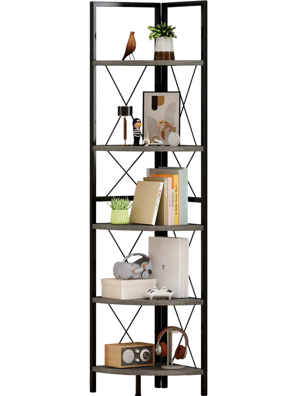 5-tier freestanding corner shelf in black with oak accents, ideal for space-saving storage and display in any room.