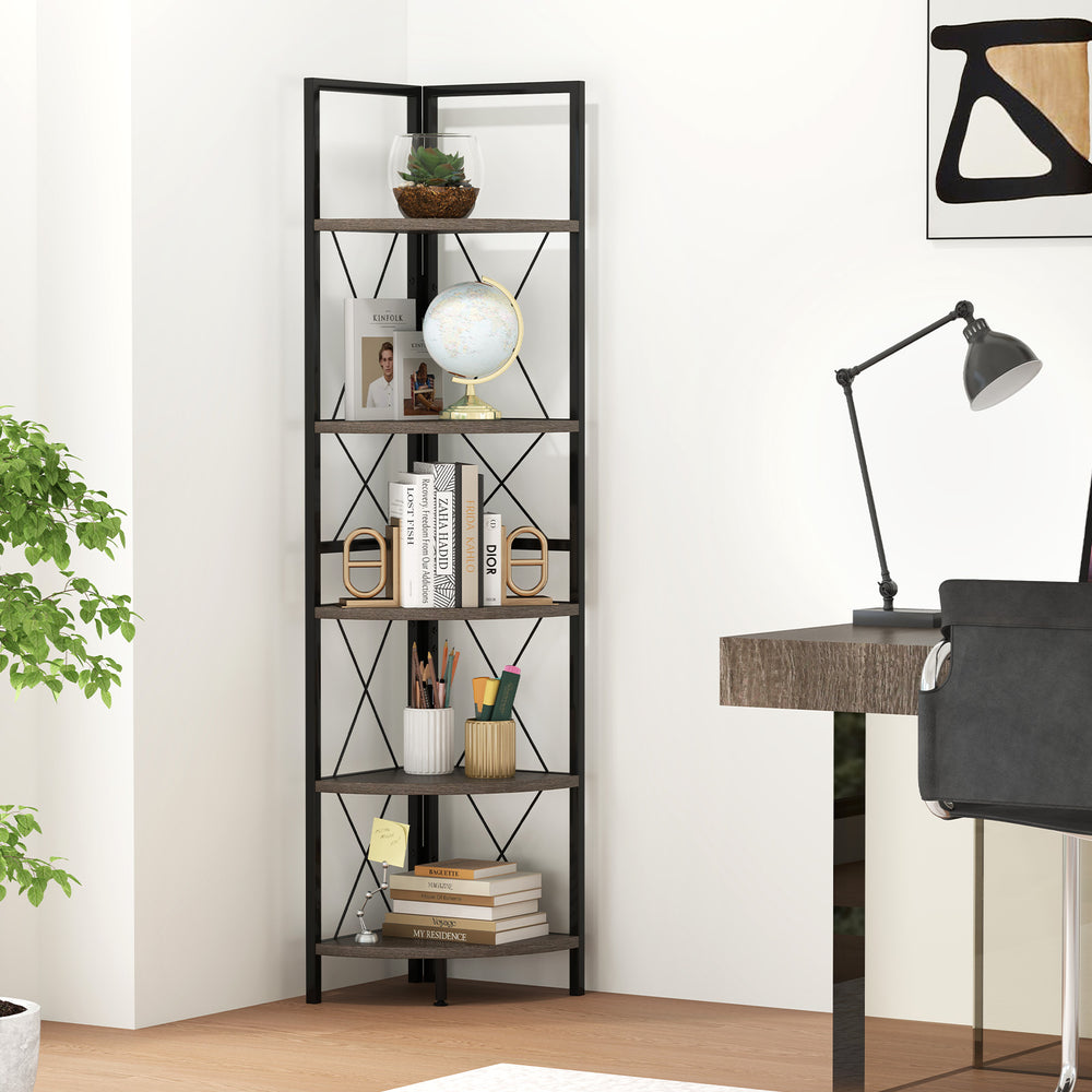 5-tier freestanding corner shelf in oak with metal frame, ideal for storage and display in any room.