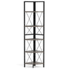 5-tier freestanding corner shelf with oak finish and metal frame, ideal for space-saving storage in any room.