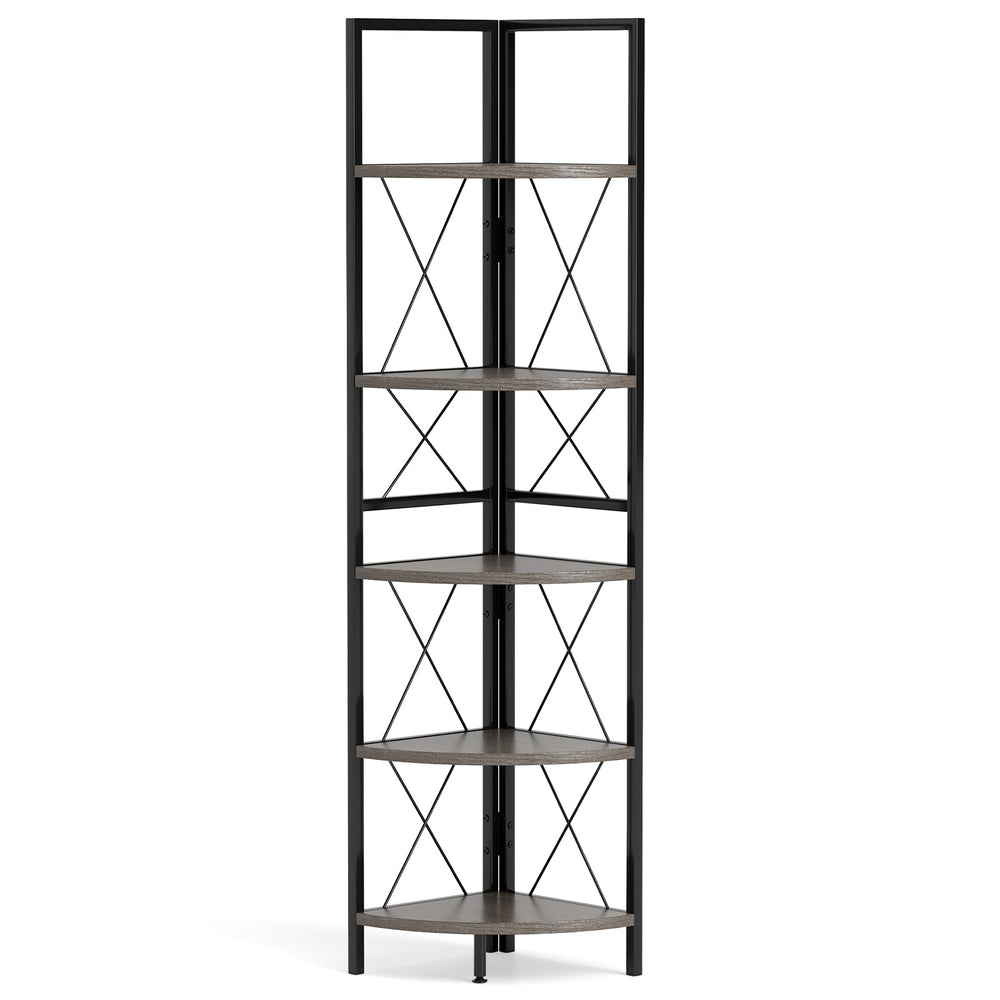5-tier freestanding corner shelf with oak finish and metal frame, ideal for space-saving storage in any room.