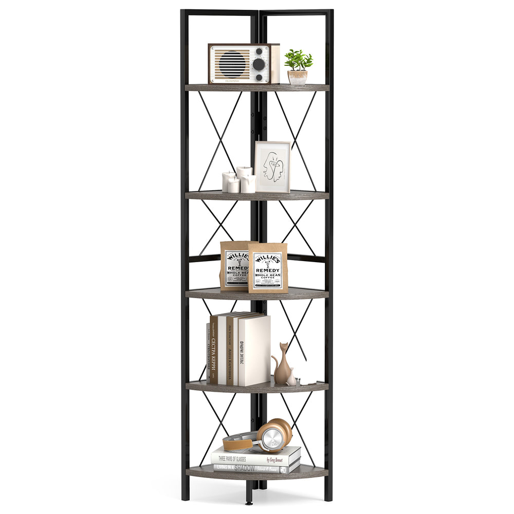5-tier freestanding corner shelf with oak finish and metal frame, ideal for storage and display in any room.
