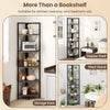 5-tier freestanding corner shelf in oak with metal frame, ideal as a storage rack or display shelf for various rooms.