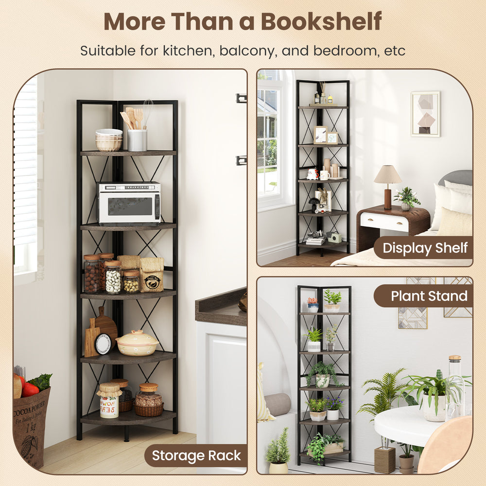 5-tier freestanding corner shelf in oak with metal frame, ideal as a storage rack or display shelf for various rooms.