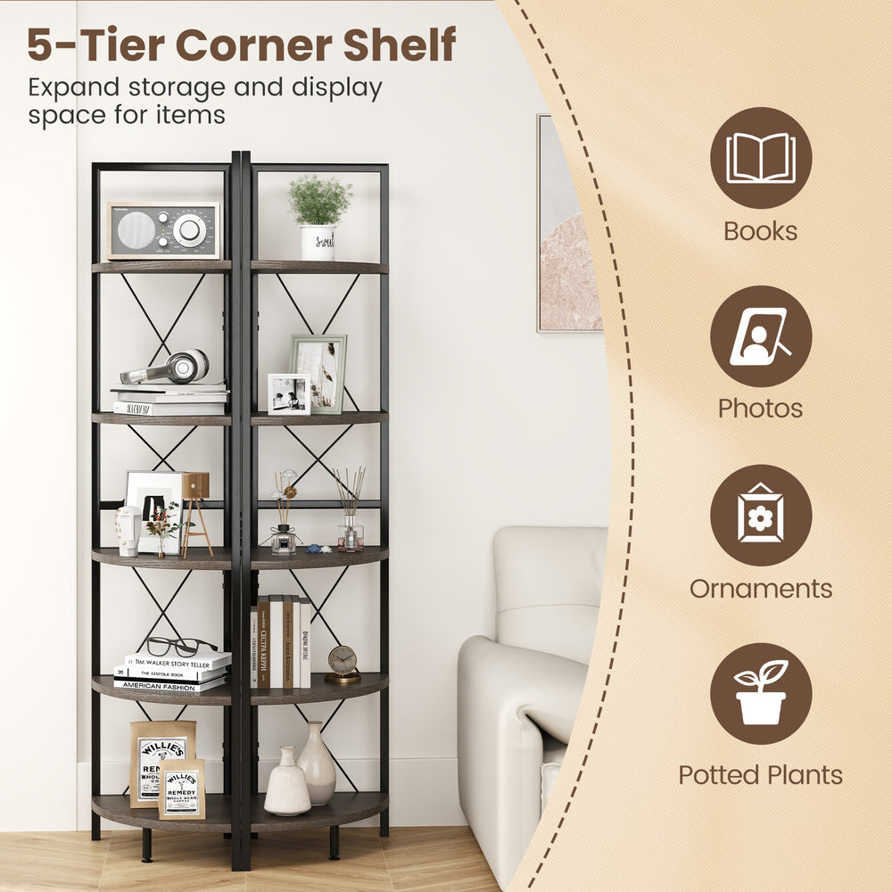 5-tier freestanding corner shelf in oak with metal frame, ideal for books, photos, and potted plants in any room.