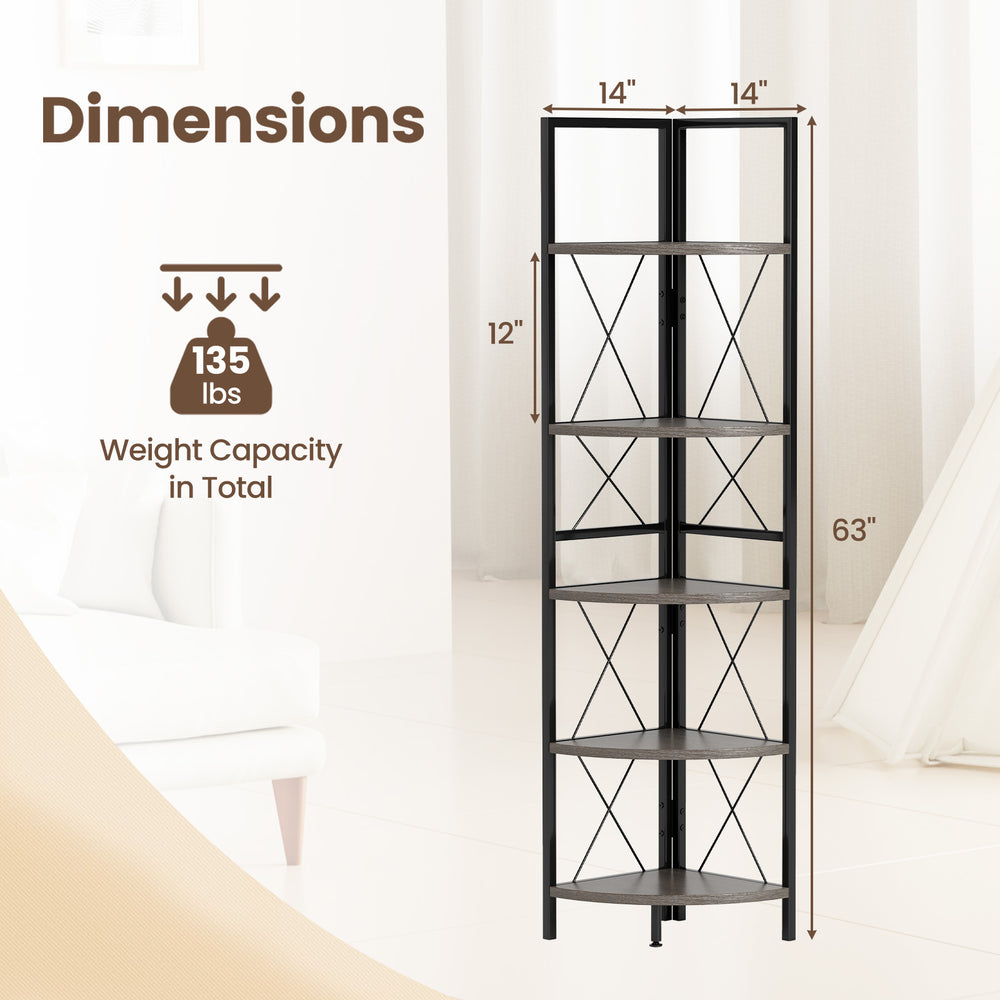 5-tier freestanding corner shelf in oak, 63 inches tall, with heavy-duty metal frame for stable storage and display.