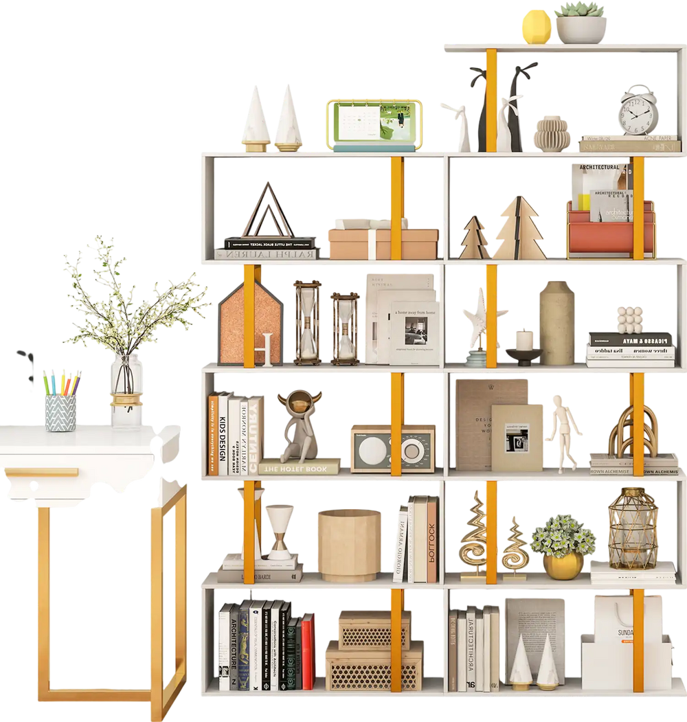 5-tier geometric bookcase with yellow accents, showcasing a variety of decor and storage options in a sleek design.