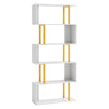 5-tier geometric bookcase with a white finish and yellow metal frame, ideal for displaying books and decor.