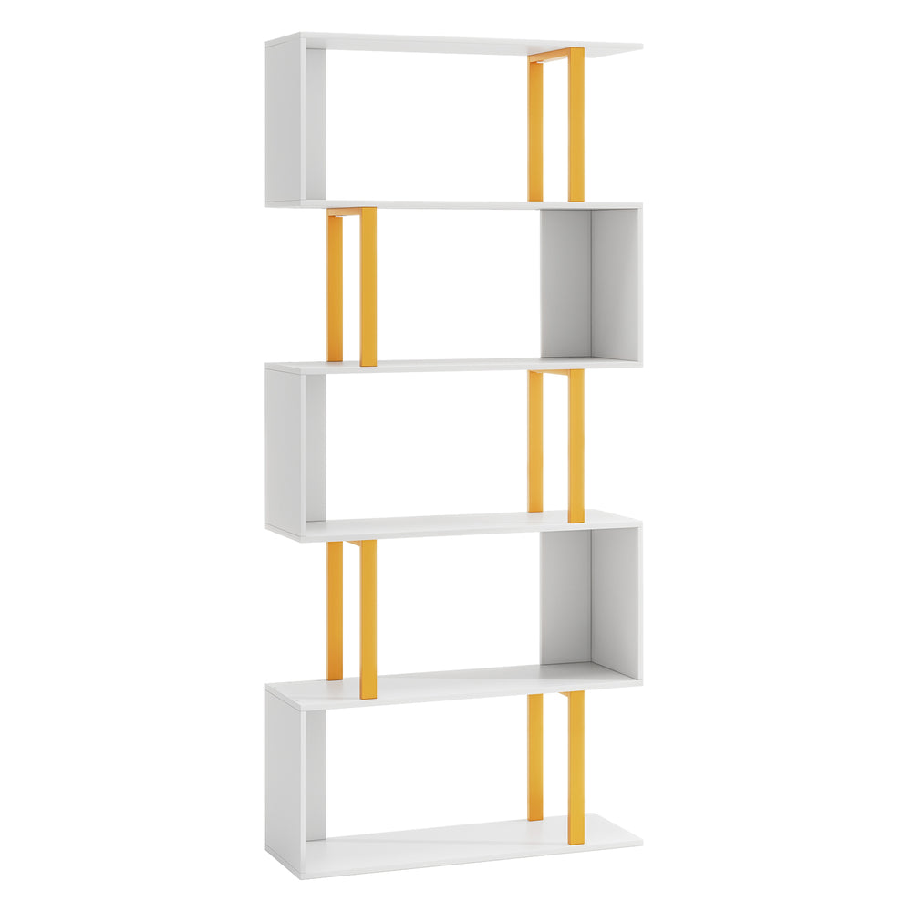 5-tier geometric bookcase with a white finish and yellow metal frame, ideal for displaying books and decor.