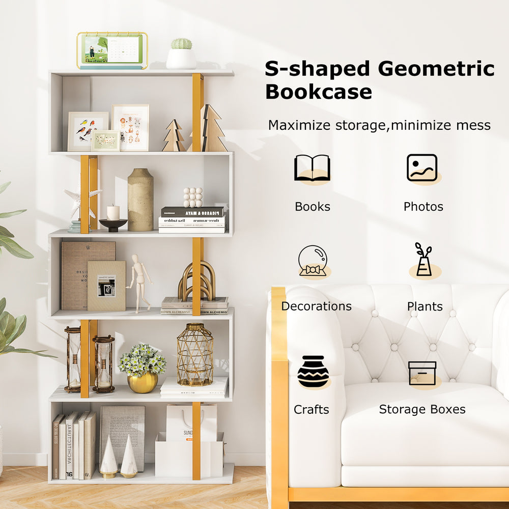 5-tier S-shaped geometric bookcase with a metal frame, ideal for books and decorations in modern living spaces.
