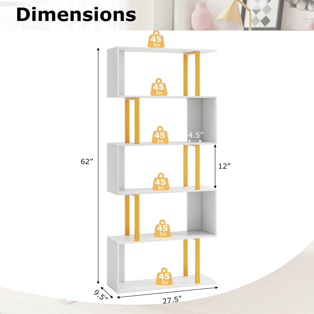 Dimensions of the 5-tier geometric bookcase with metal frame, featuring open shelves and anti-tipping kits for safety.