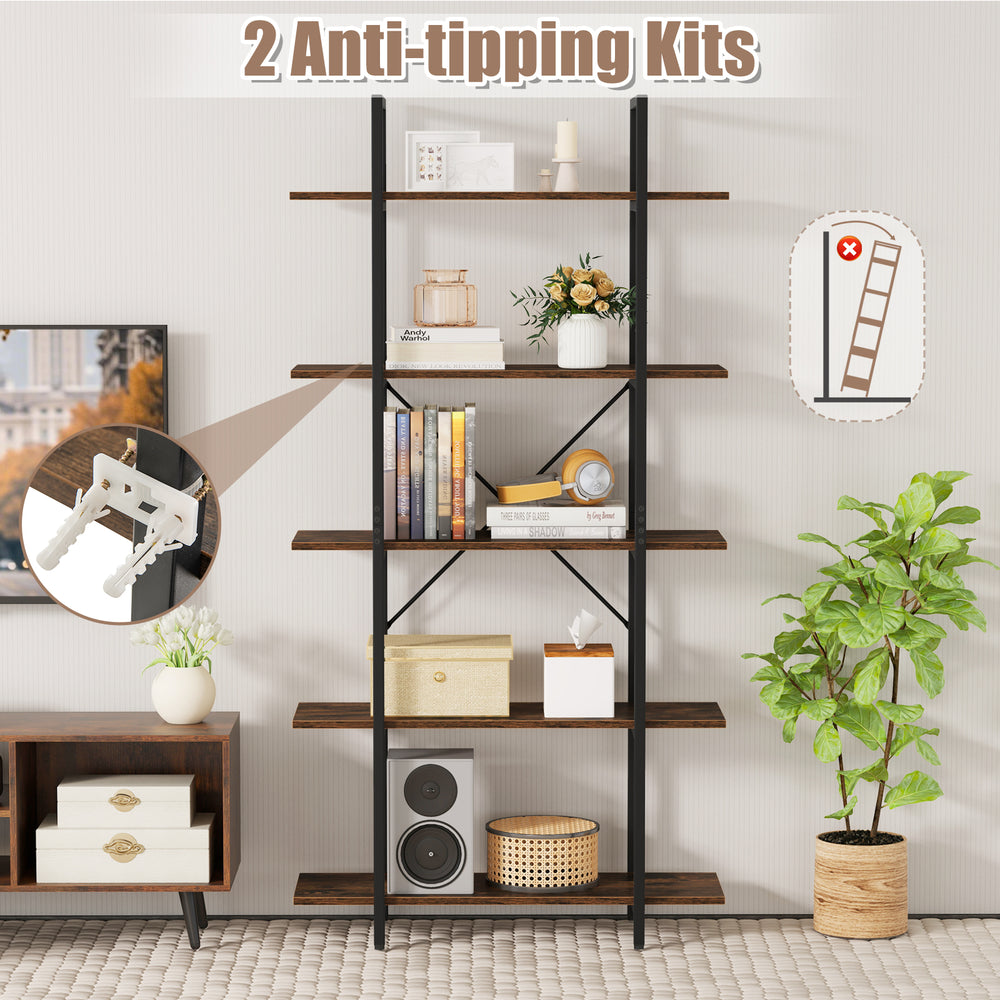 5-tier vintage industrial bookcase in rustic brown with open shelves and anti-tipping kits for stable storage solutions.