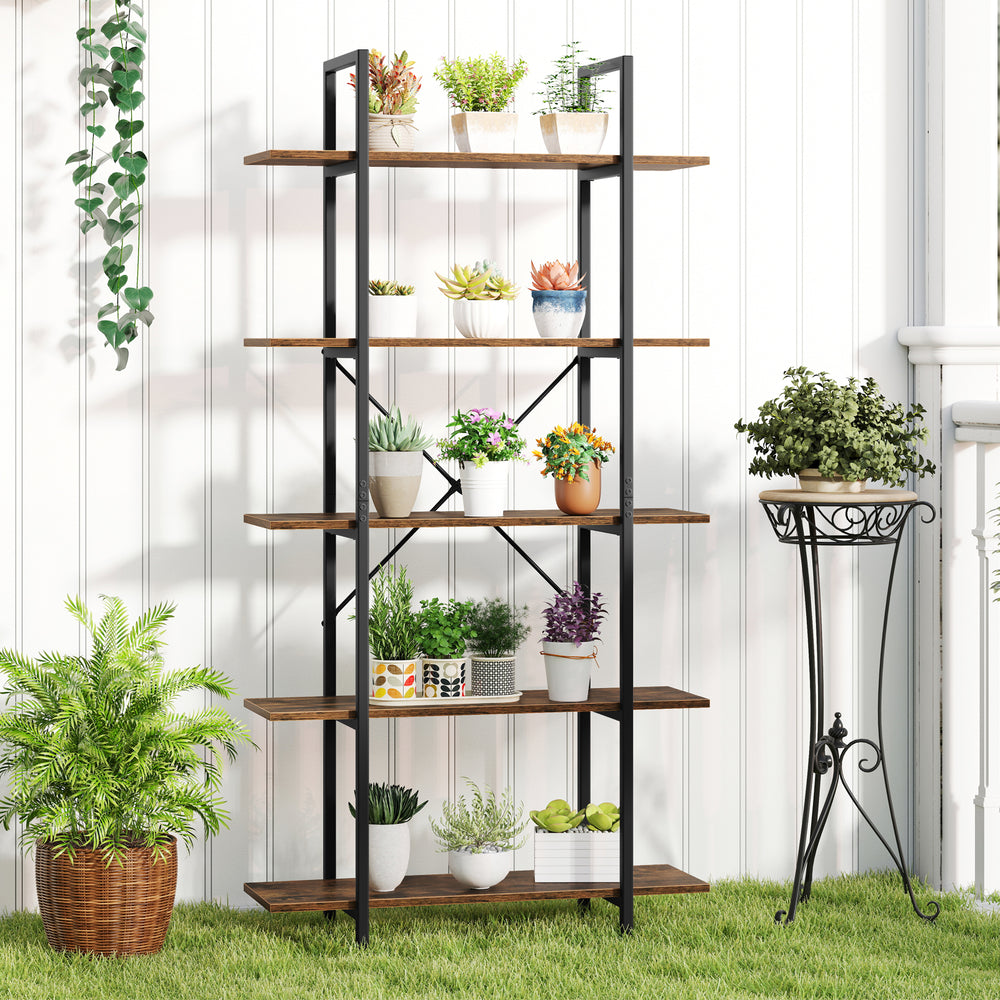 5-tier vintage industrial bookcase in rustic brown with open storage shelves, ideal for books and decor in any room.