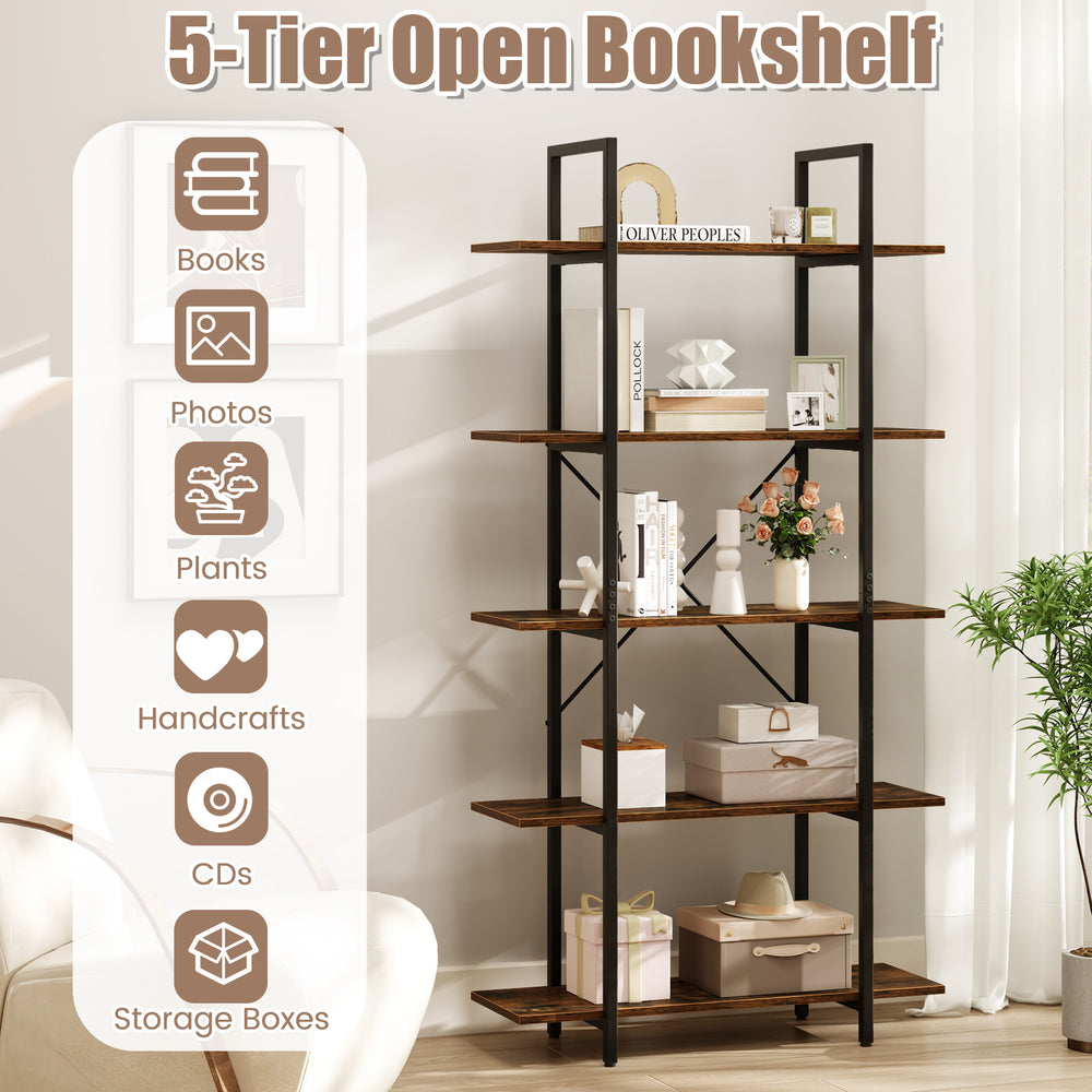 5-tier vintage industrial bookshelf in rustic brown with open storage for books and decor, ideal for living room or.