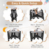 Portable baby playard setup steps showing the folding process, featuring sturdy black mesh and a convenient design.