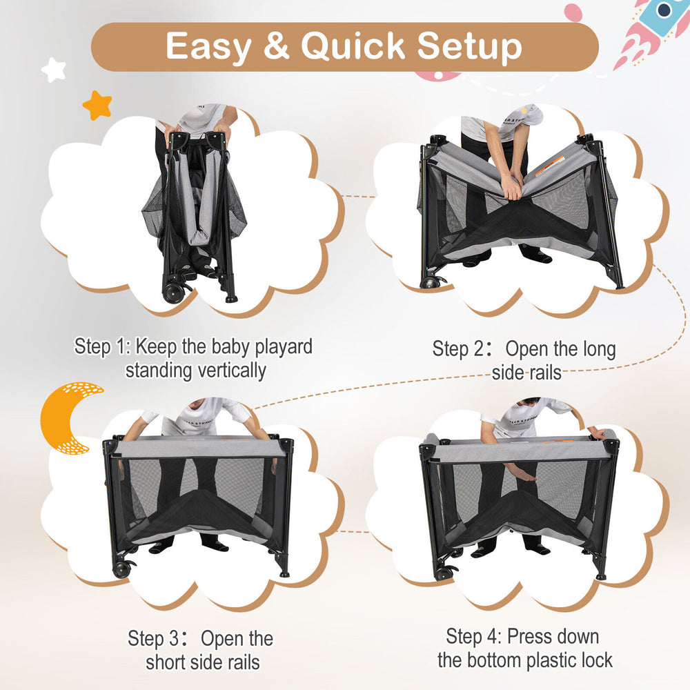 Portable baby playard setup steps showing the folding process, featuring sturdy black mesh and a convenient design.