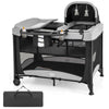 Portable baby playard with soft mattress and two hanging toys, designed for comfort and entertainment during playtime.