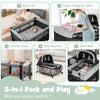 5-in-1 portable baby playard in black, featuring a crib, changing table, and storage basket for versatile use.