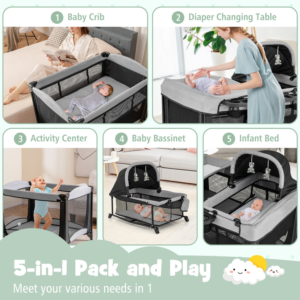 5-in-1 portable baby playard in black, featuring a crib, changing table, and storage basket for versatile use.