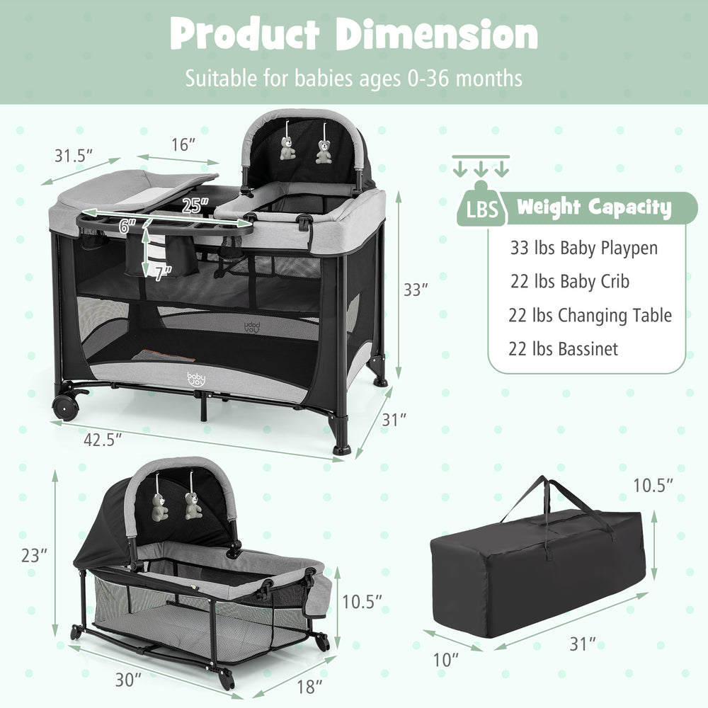 Dimensions chart of the 5-in-1 Portable Baby Playard showing weight capacities and measurements for versatile use and.