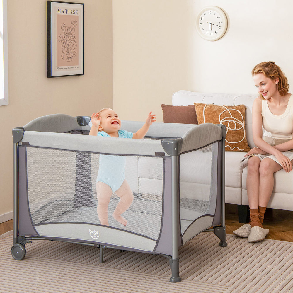 5-in-1 Portable Baby Playard with Cradle and Storage Basket-Gray - Gallery View 1 of 11