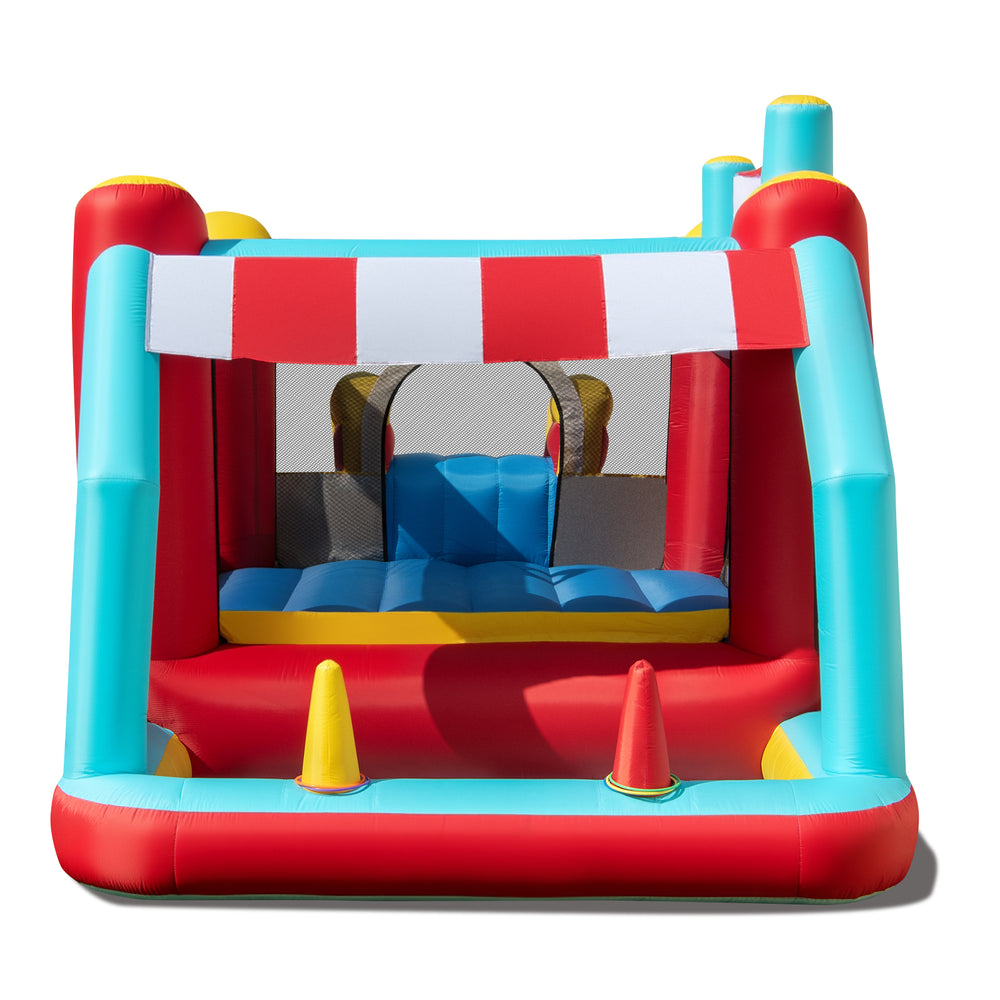 Colorful 5-in-1 Ice Cream Inflatable Bounce House with slide, ball pit, and safety mesh for kids' outdoor fun.