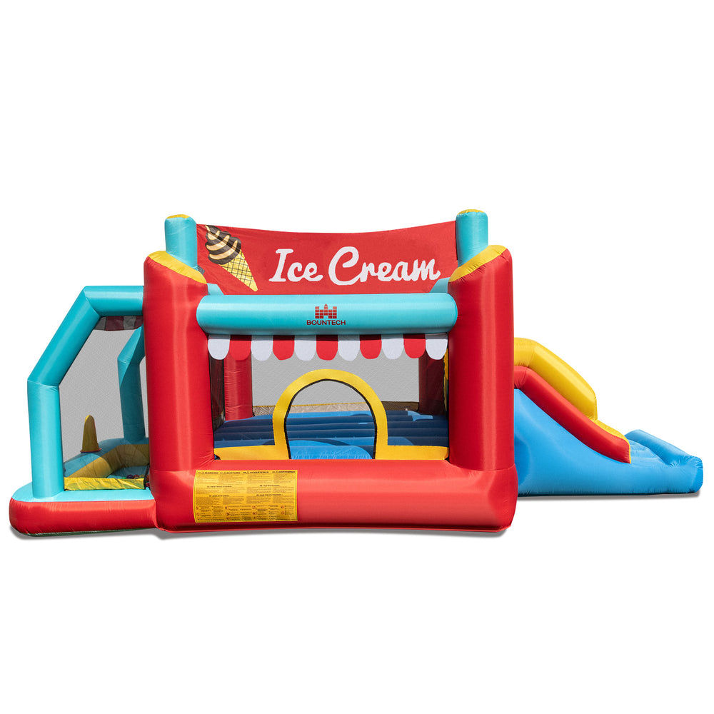 5-in-1 Ice Cream inflatable bounce house side view showcasing the colorful slide and spacious ball pit for endless fun.