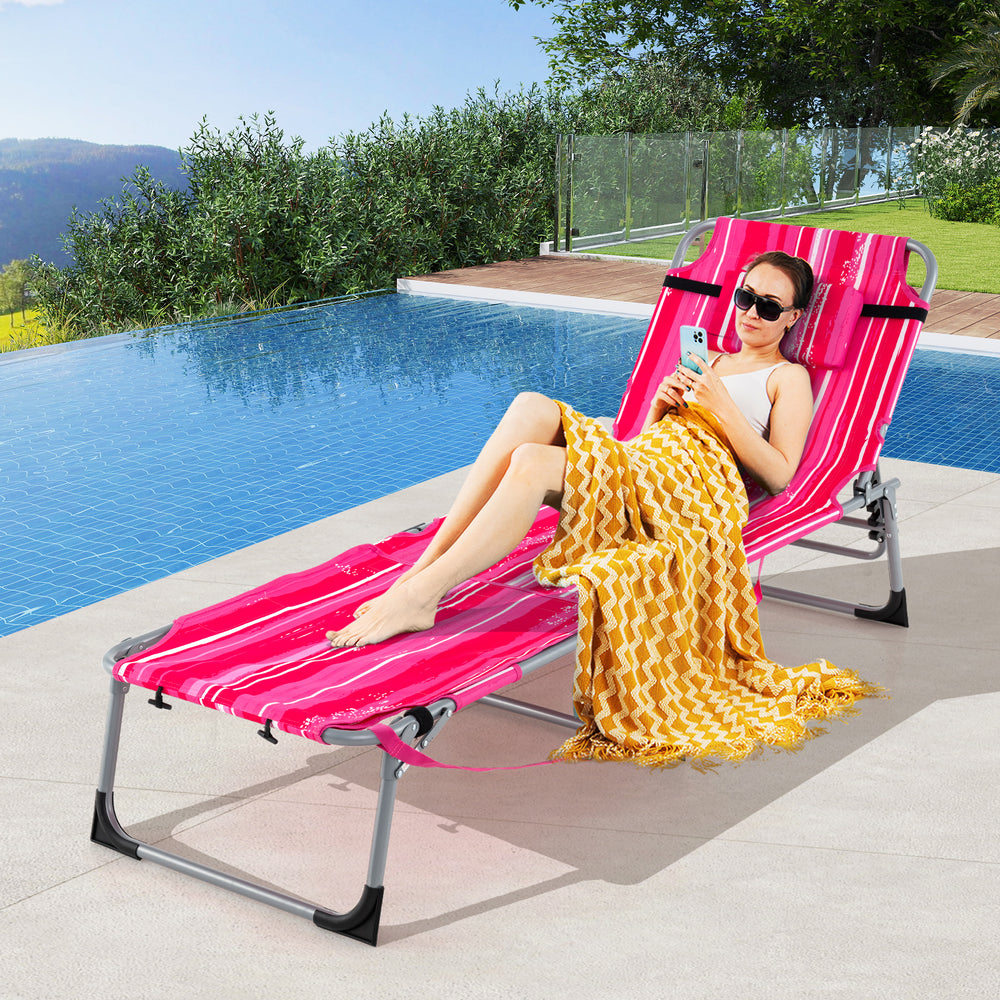 5-position outdoor folding chaise lounge chair in rose red, featuring adjustable footrest and comfy pillow for.