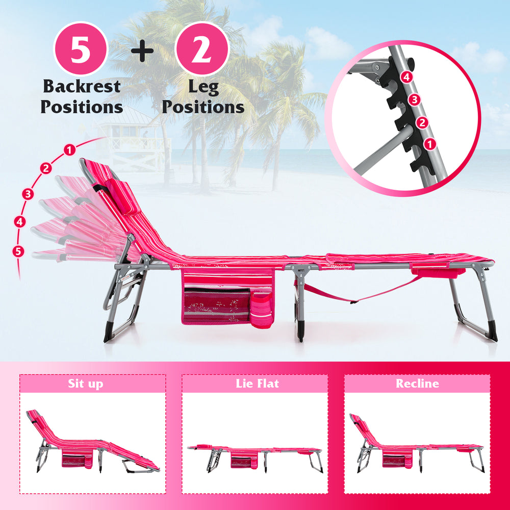 Adjustable 5-position outdoor folding chaise lounge chair in rose red, featuring a cushioned pillow and cup holder for.