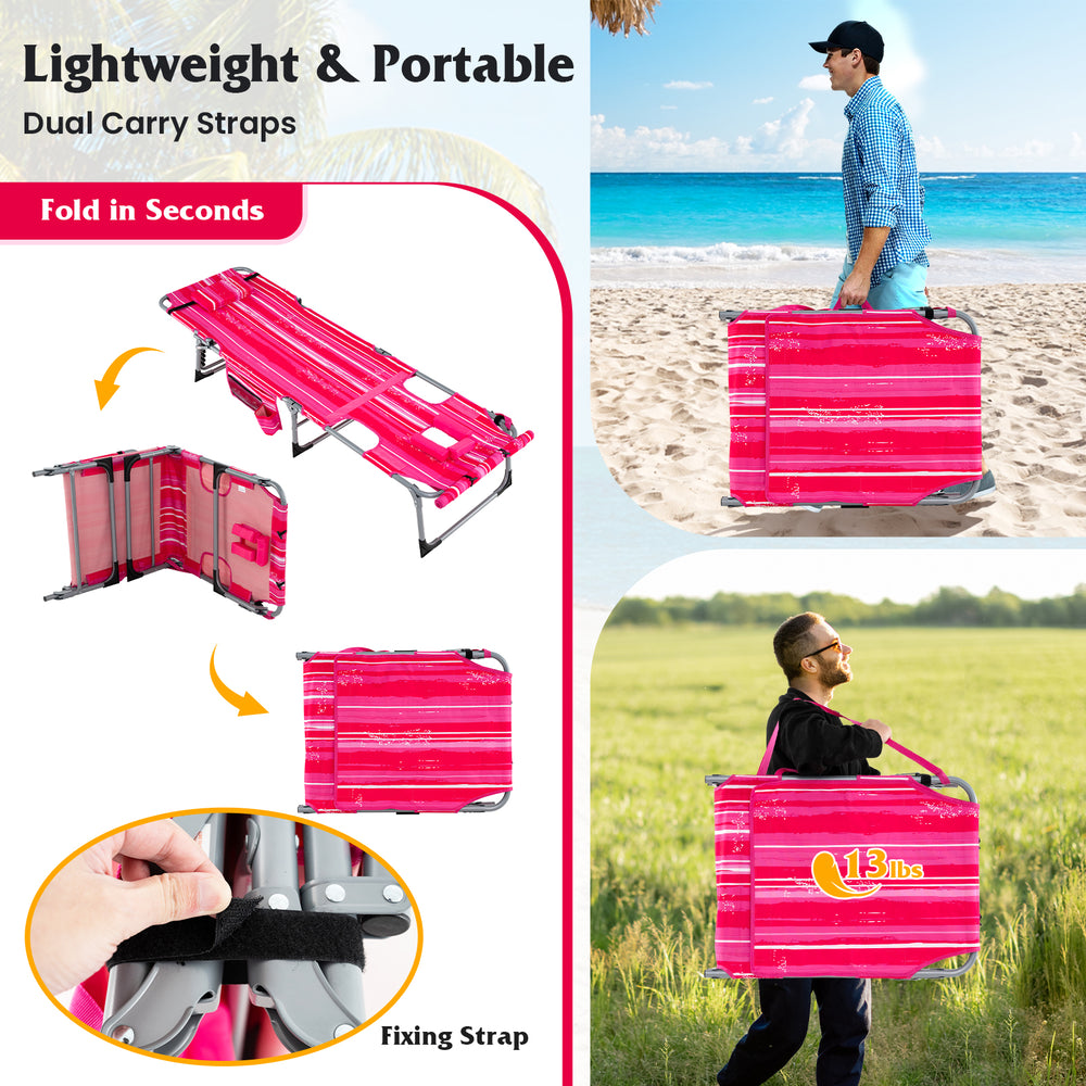 5-position outdoor folding chaise lounge chair in rose red, featuring adjustable footrest and portable design for easy.