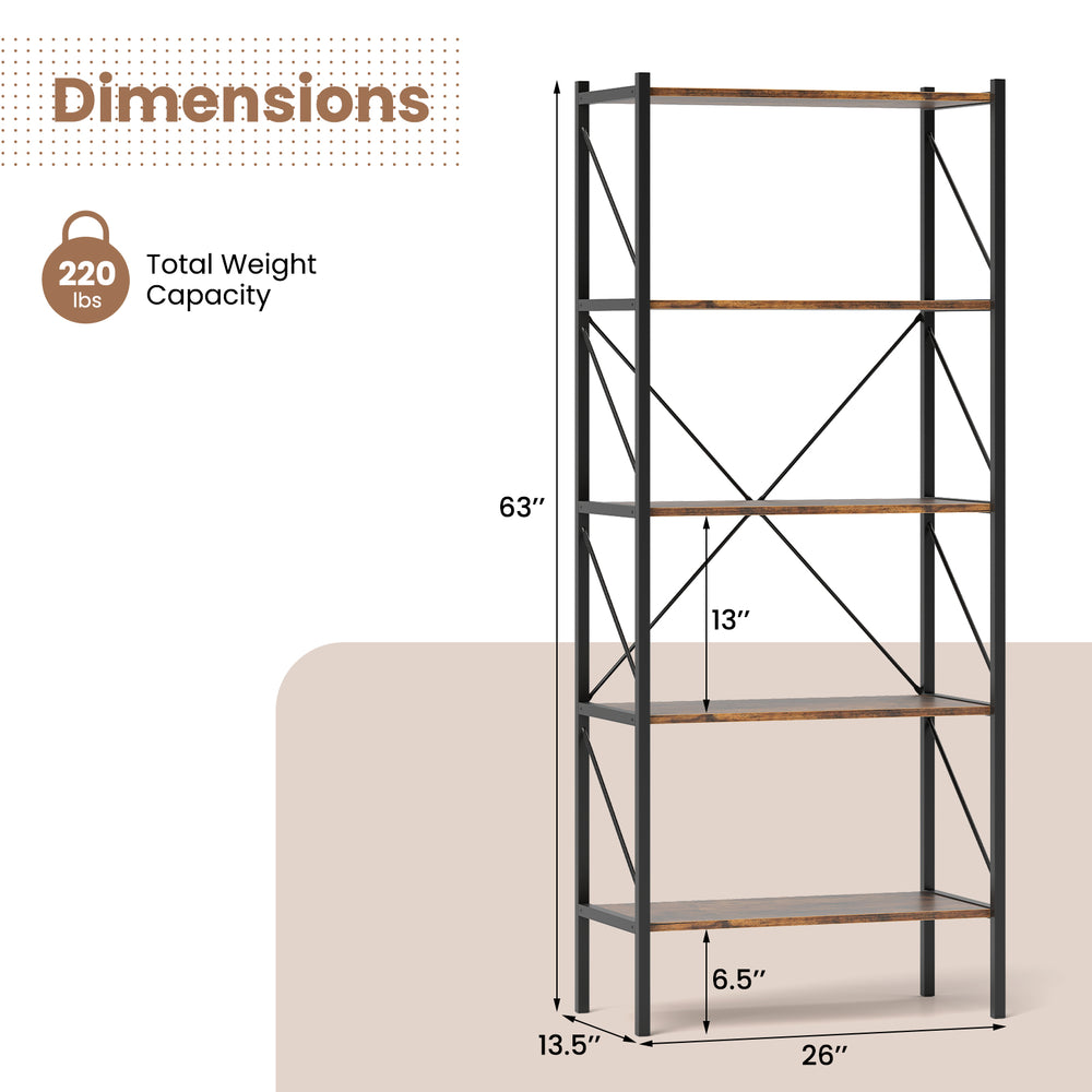 5-tier bookshelf with open shelves, rustic brown finish, heavy-duty metal frame, ideal for living room or study.