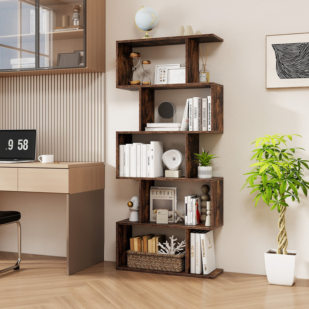 5-tier rustic brown bookshelf with geometric design, anti-toppling device, ideal for living room or home office storage.