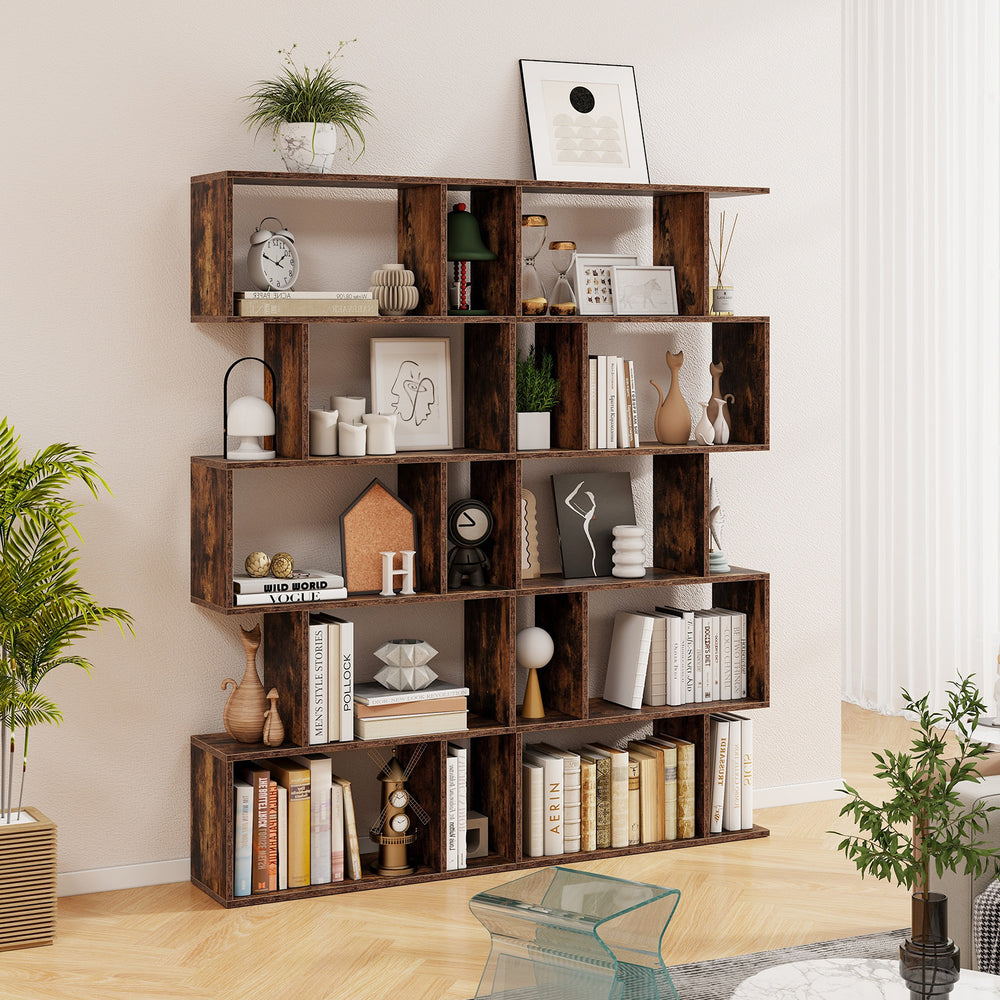 5-tier rustic brown bookshelf showcasing a unique geometric design, perfect as a room divider for home or office use.