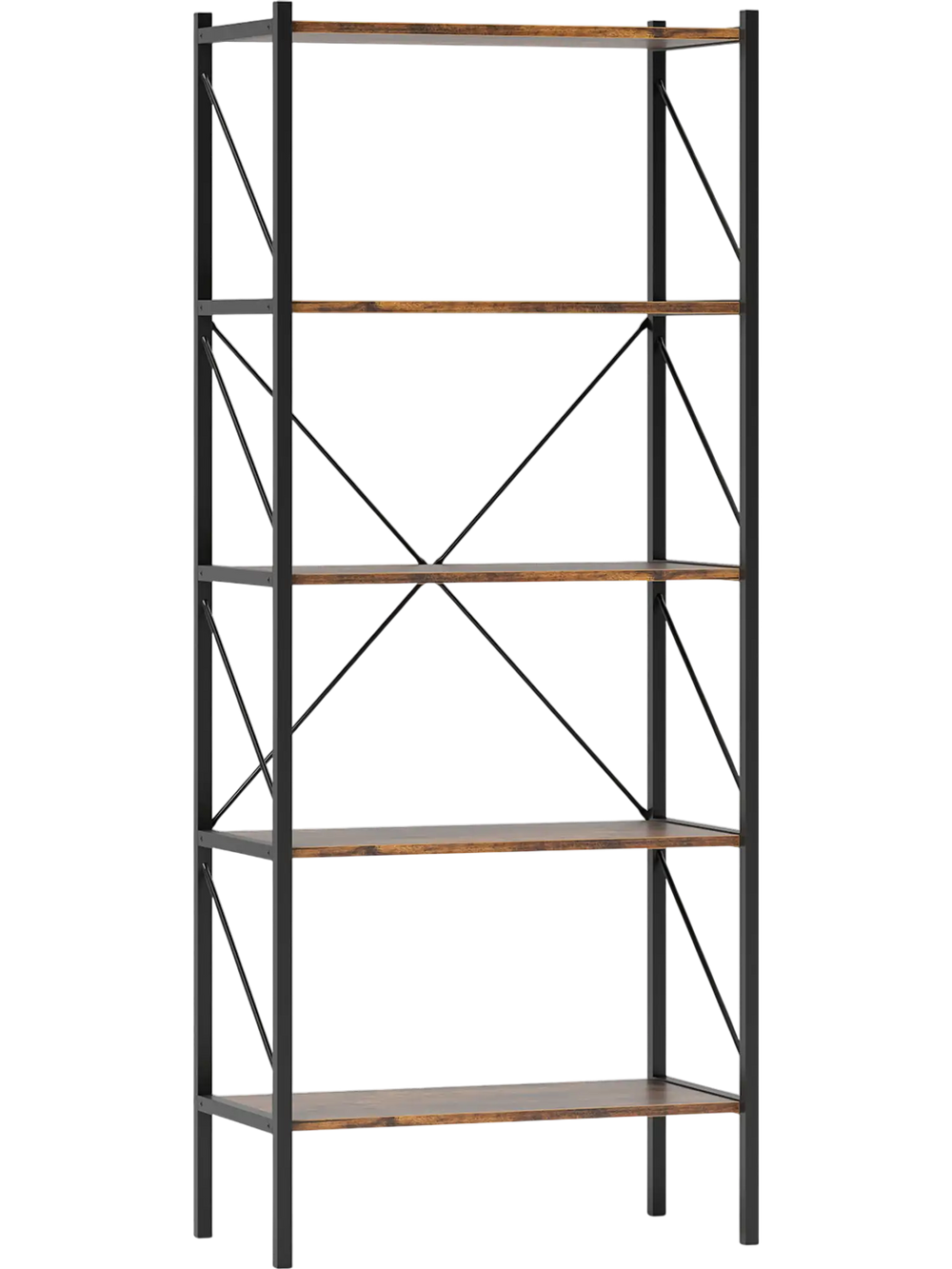 5-tier bookshelf with rustic brown shelves and a heavy-duty black metal frame, perfect for living room or study storage.