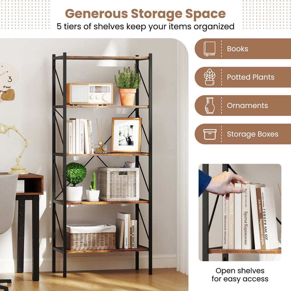 5-tier bookshelf with open shelves in rustic brown, featuring a heavy-duty metal frame for sturdy storage and display.