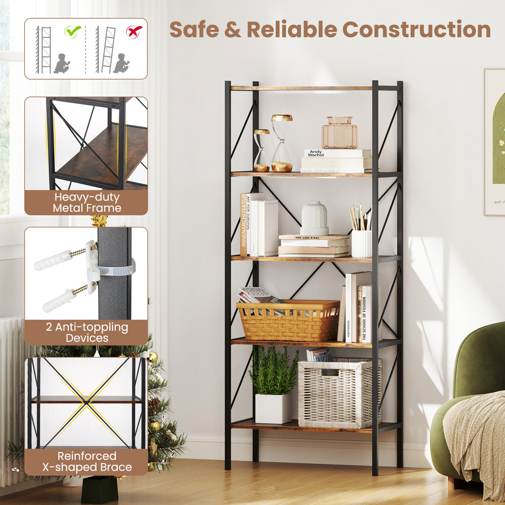 5-tier rustic brown bookshelf with heavy-duty metal frame and anti-toppling devices, ideal for living room or study.