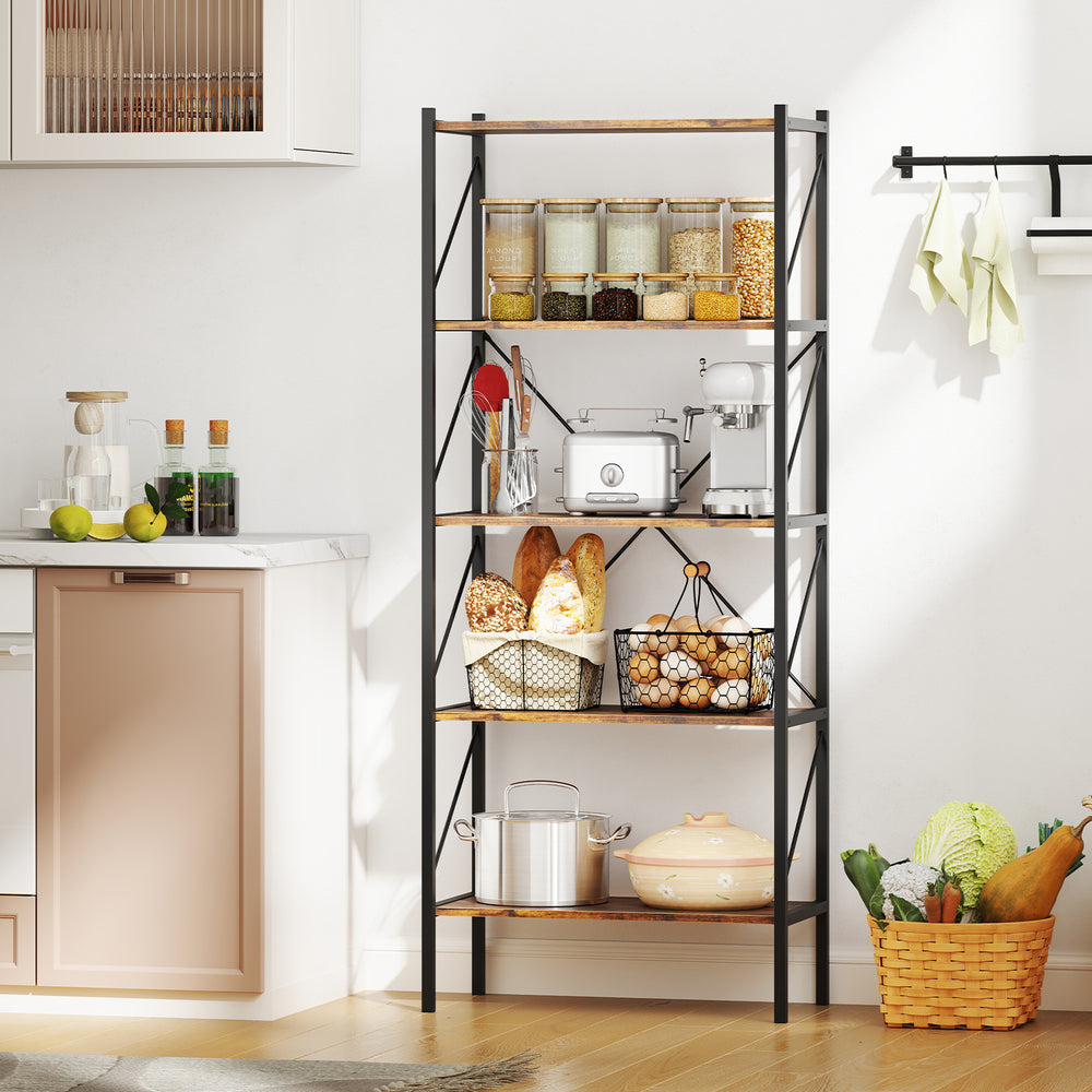 5-tier bookshelf with open shelves in rustic brown, featuring a heavy-duty metal frame, ideal for kitchen or living.