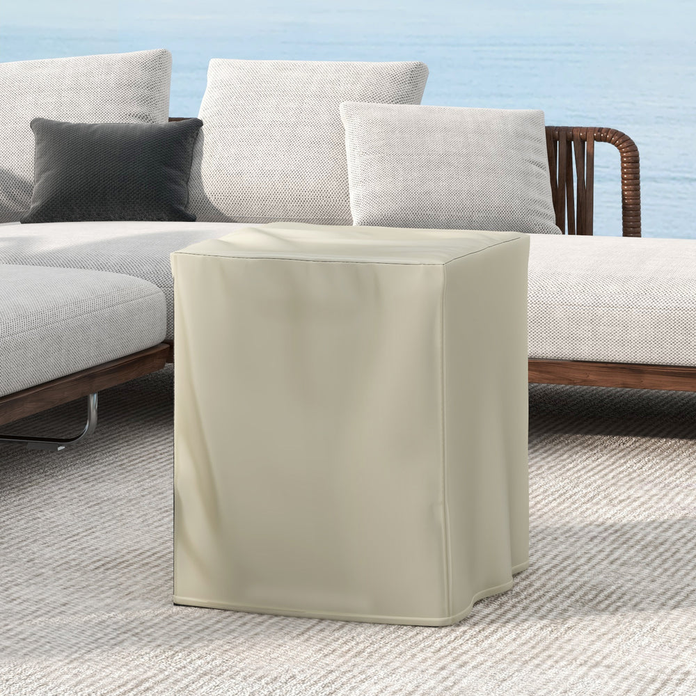 Outdoor propane tank cover table in beige, designed for 20 lbs tanks, doubles as a side table for patio use.