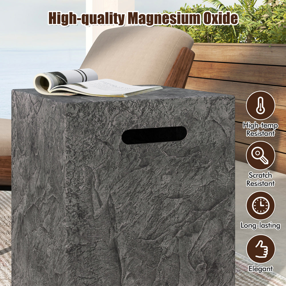 Magnesium oxide propane tank cover table in textured gray, featuring cut-out handles for easy mobility and stability.