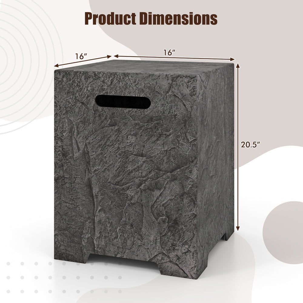 Propane tank cover table with dimensions 16"x16"x20.5", made of magnesium oxide, ideal for outdoor gas tank storage.