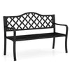 Black 50.5-inch patio bench with curved armrests, designed for 2-3 people, featuring an elegant patterned backrest.