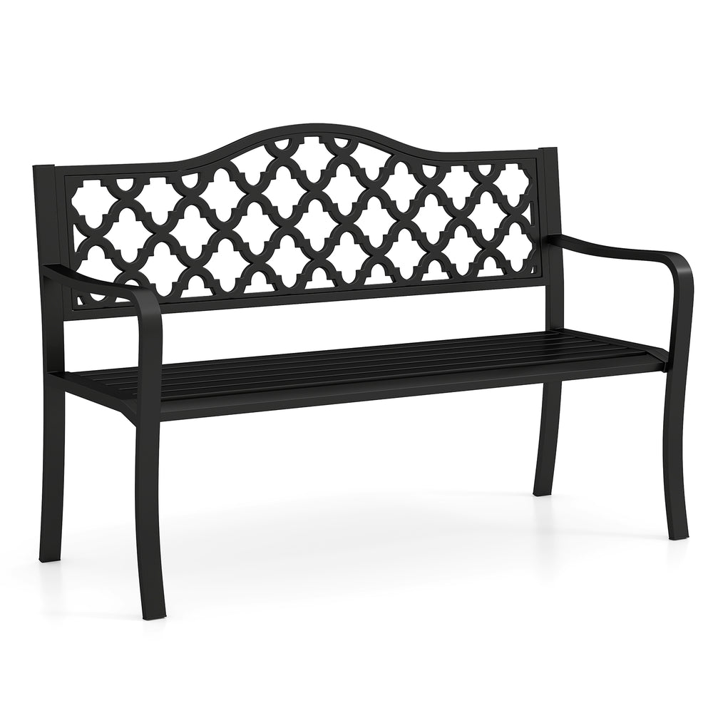 Black 50.5-inch patio bench with curved armrests, designed for 2-3 people, featuring an elegant patterned backrest.