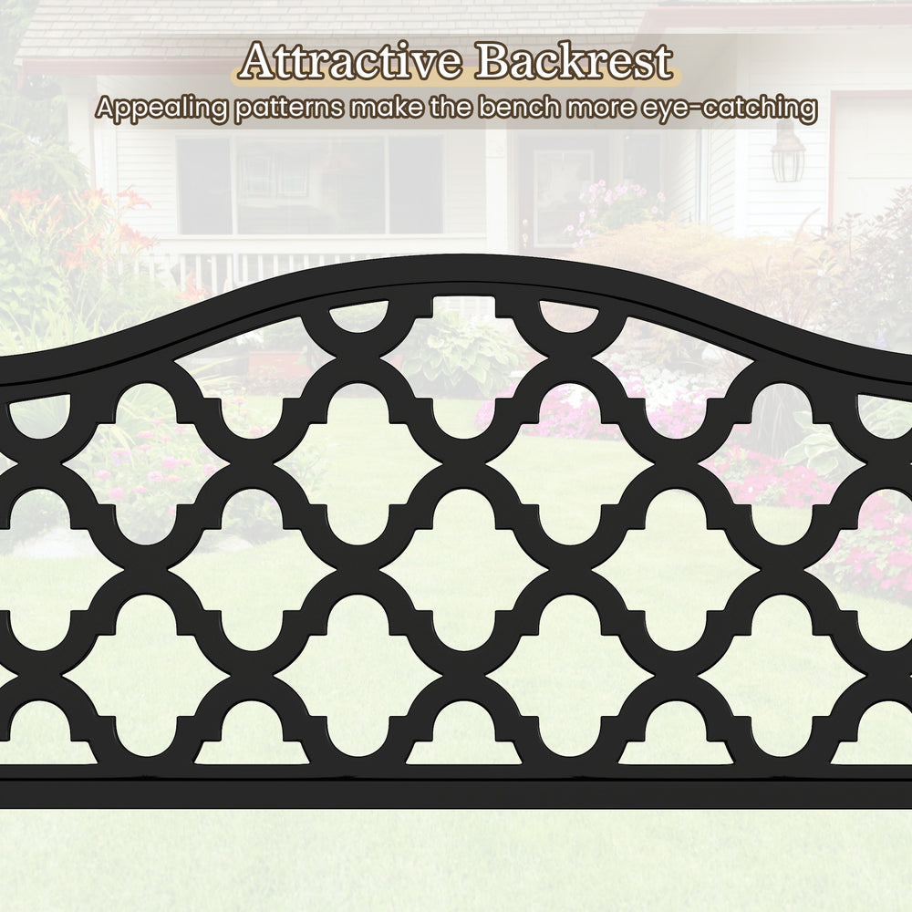 Curved backrest detail of the 50.5-inch black patio bench featuring elegant patterns, ideal for backyard relaxation.