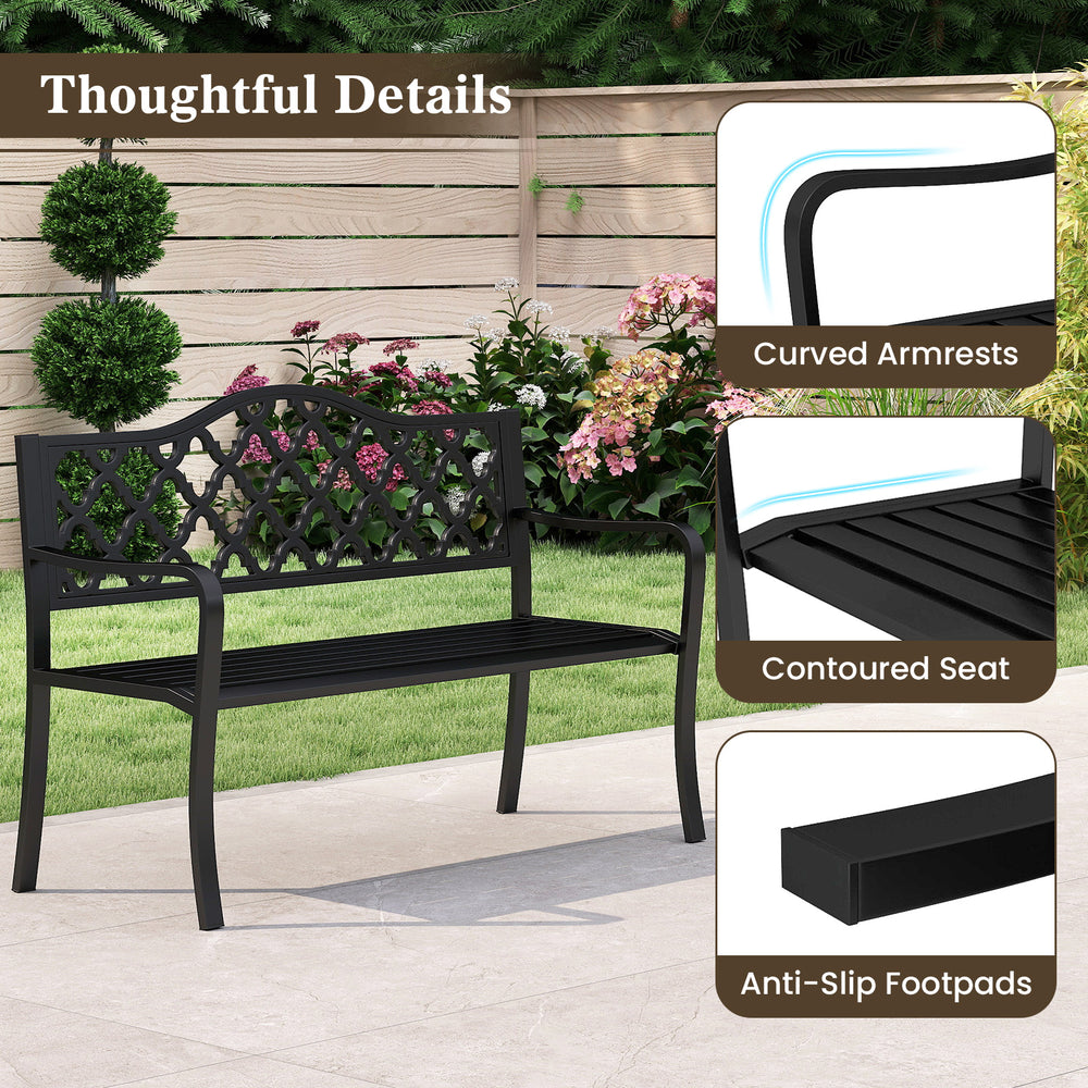 Curved armrests and contoured seat of the 50.5-inch black patio bench, ideal for backyard relaxation for 2-3 people.