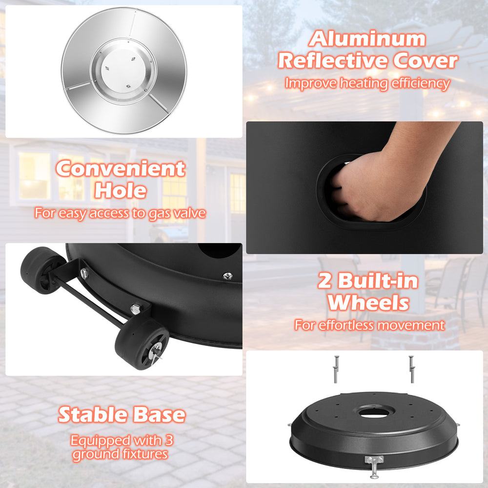 Round base of the 50000 BTU propane patio heater with built-in wheels and convenient access hole for propane tank.