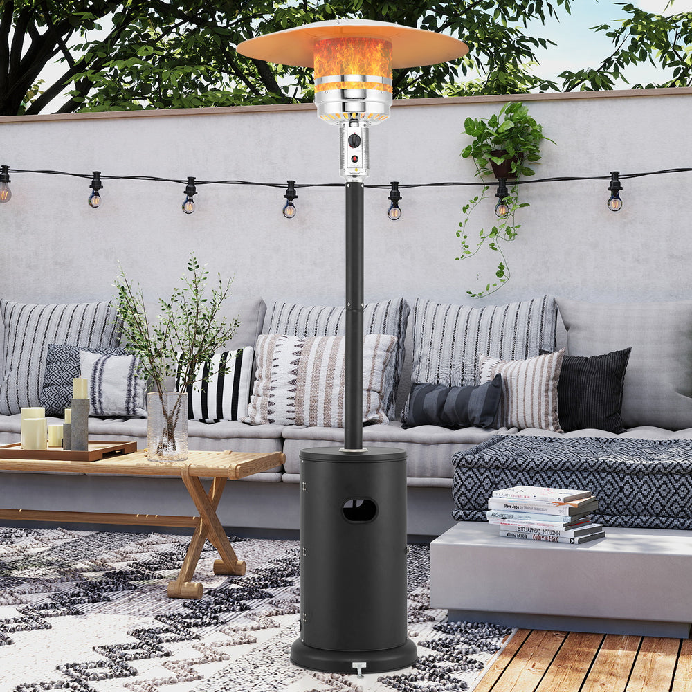 50000 BTU propane patio heater with round table design, black, providing 360° heat coverage for outdoor gatherings.