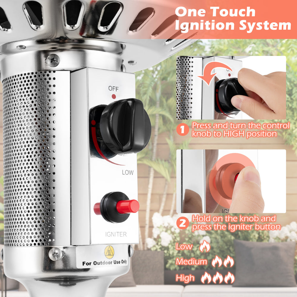 Close-up of the ignition control on the 50000 BTU propane patio heater, featuring adjustable temperature settings for.
