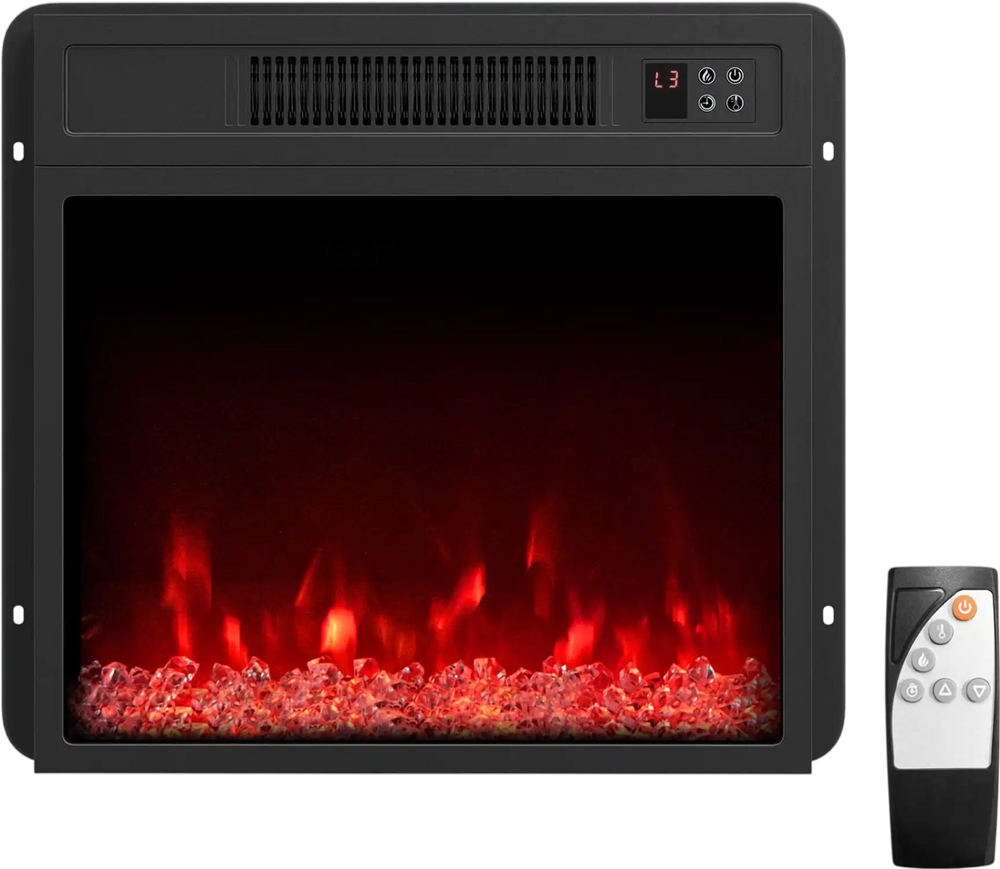 Electric fireplace insert with remote control, 5000 BTU output, 9 flame colors, and 5 brightness levels for cozy ambiance.