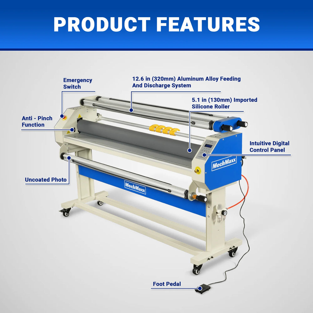 65" Wide Format Full-Auto Cold & Heat Assisted Pneumatic Laminator Machine with 4 Trimmers, Max Speed 40ft/min, 63" Max Width, 1.1" Max Thickness, Infrared Heating, Digital Control Pneumatic Roller Lifting (Requires Air Compressor, Not Included) 1700-B2