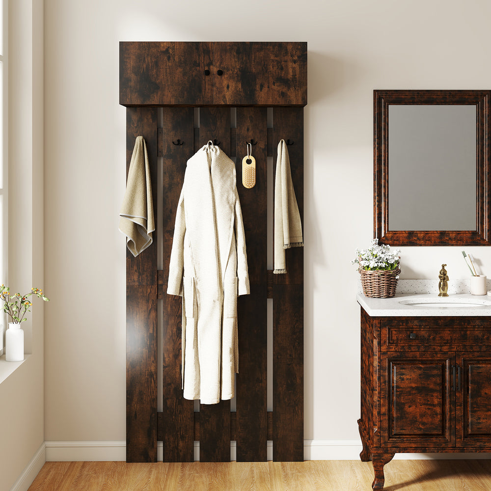 Wall-mounted coat rack in rustic brown with upper storage and five hooks, perfect for entryways and compact spaces.